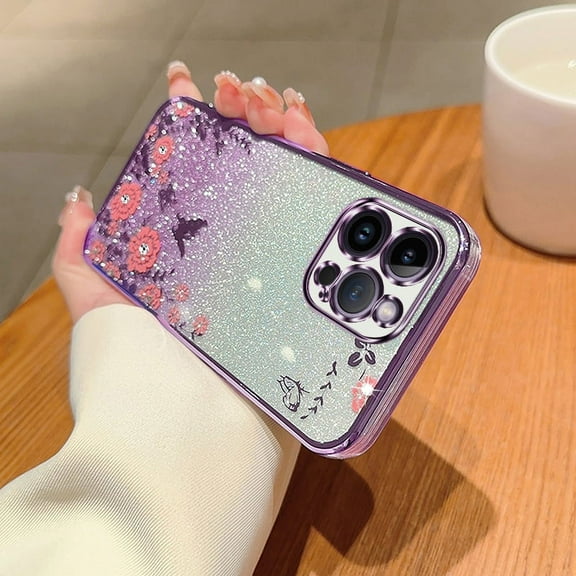 TECH CIRCLE For iPhone 12 Pro Flower Case, Cute Bling Glitter Sparkle Clear Soft Silicone TPU Rubber Women Girls Floral Protective Cover for Apple iPhone 12 Pro 6.1" 2020,Purple