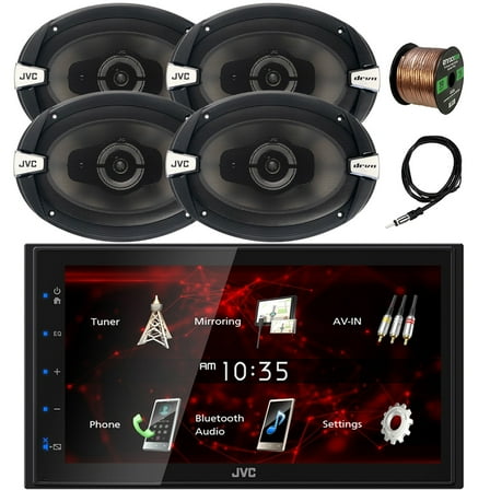 JVC Double DIN 6.8" Touchscreen Bluetooth USB Digital Multimedia Stereo Car Receiver, 4x 6x9" 500 Watt Max Power 3-Way Automotive Audio Speakers, 22" Antenna, 16 Gauge 50 ft Speaker Wire