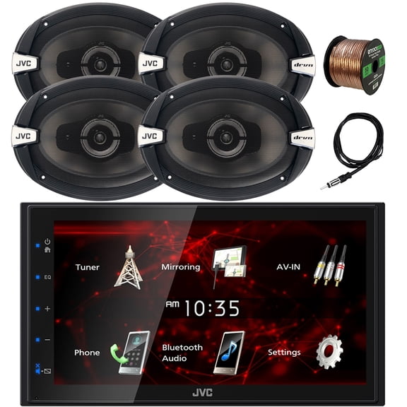 JVC Double DIN 6.8" Touchscreen Bluetooth USB Digital Multimedia Stereo Car Receiver, 4x 6x9" 500 Watt Max Power 3-Way Automotive Audio Speakers, 22" Antenna, 16 Gauge 50 ft Speaker Wire