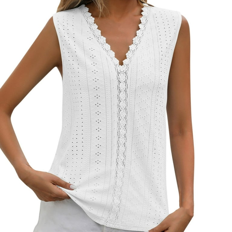 PMUYBHF Cotton Tank Top Women Set Womens Tank Tops with Built in Bra  Cropped Summer Fashion Women's Top Solid Color Hole Lace V Neck Sleeveless  Vest