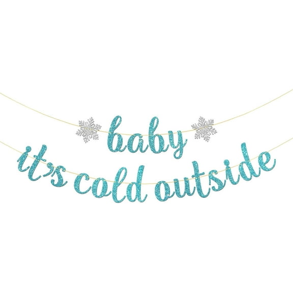 Baby It's Cold Outside Banner - Winter Baby Shower Party Supplies - Merry Christmas - Happy Holiday New Year Winter Party Decorations - Sky Blue Glitter