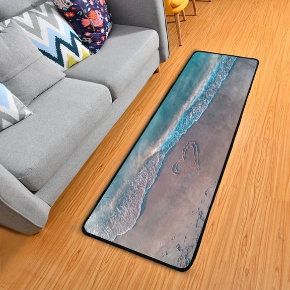 Heart Drawn Pattern on Beach Valentine Long Floor Mat Runner Rug Area Rug Carpet Water Absorbent Non-Slip 72" x 24"