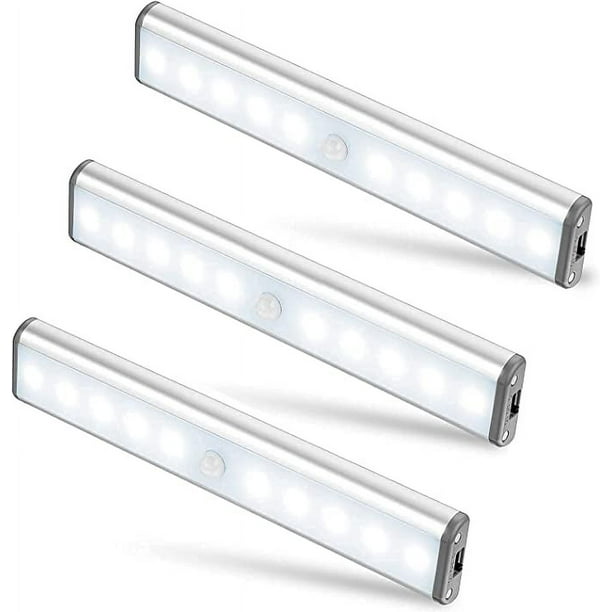 Juego de 3 luces LED, 10 piezas cada una, inalámbricas, recargables por USB, magnéticas, sensor de movimiento, luz blanca fría, portátiles, luz de armario, luz de emergencia de mano, etc.