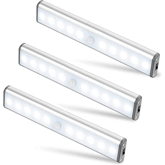 Juego de 3 luces LED, 10 piezas cada una, inalámbricas, recargables por USB, magnéticas, sensor de movimiento, luz blanca fría, portátiles, luz de armario, luz de emergencia de mano, etc.