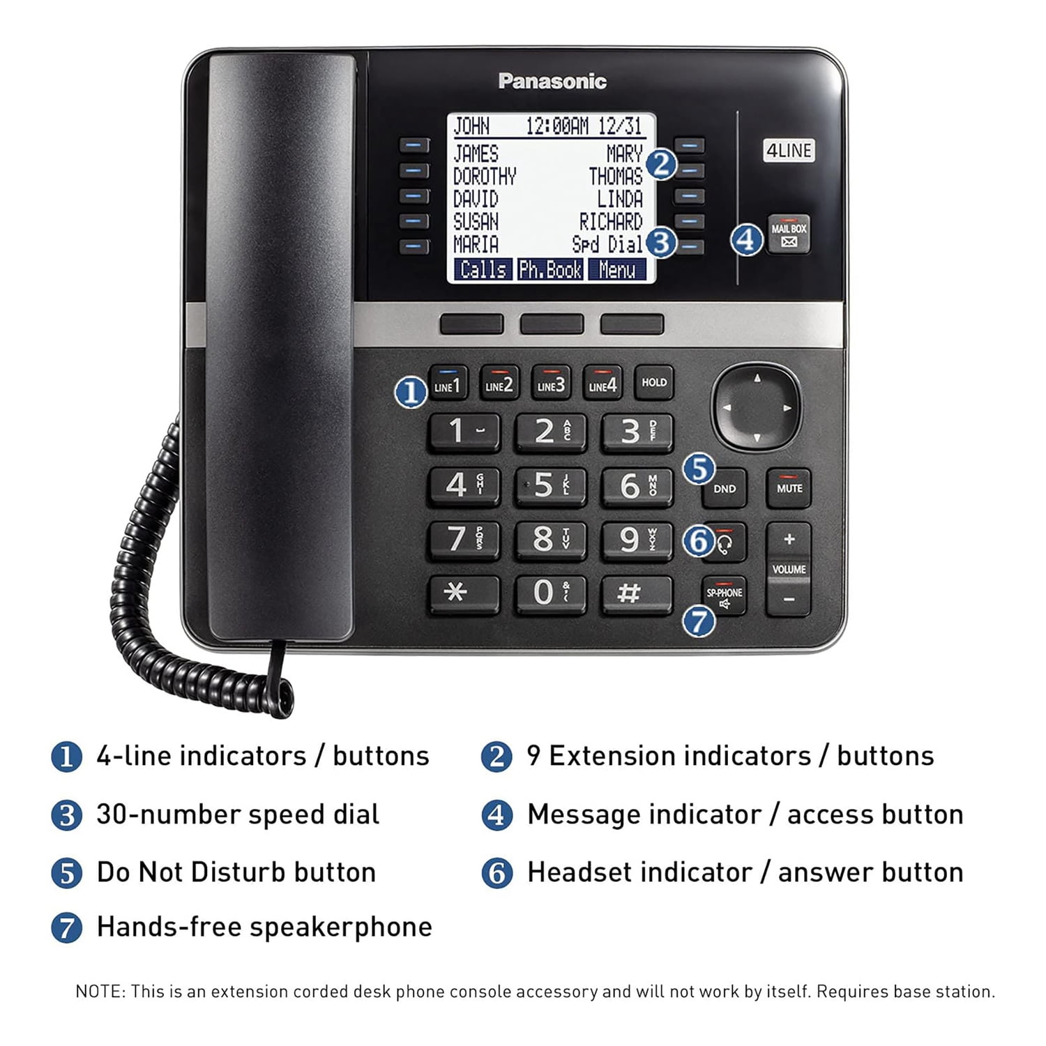 Panasonic DECT 6.0 Office Phone Extension with Corded Handset for KX-TGW420B 4-Line Office Phone Base Station, Black, KX-TGWA40B
