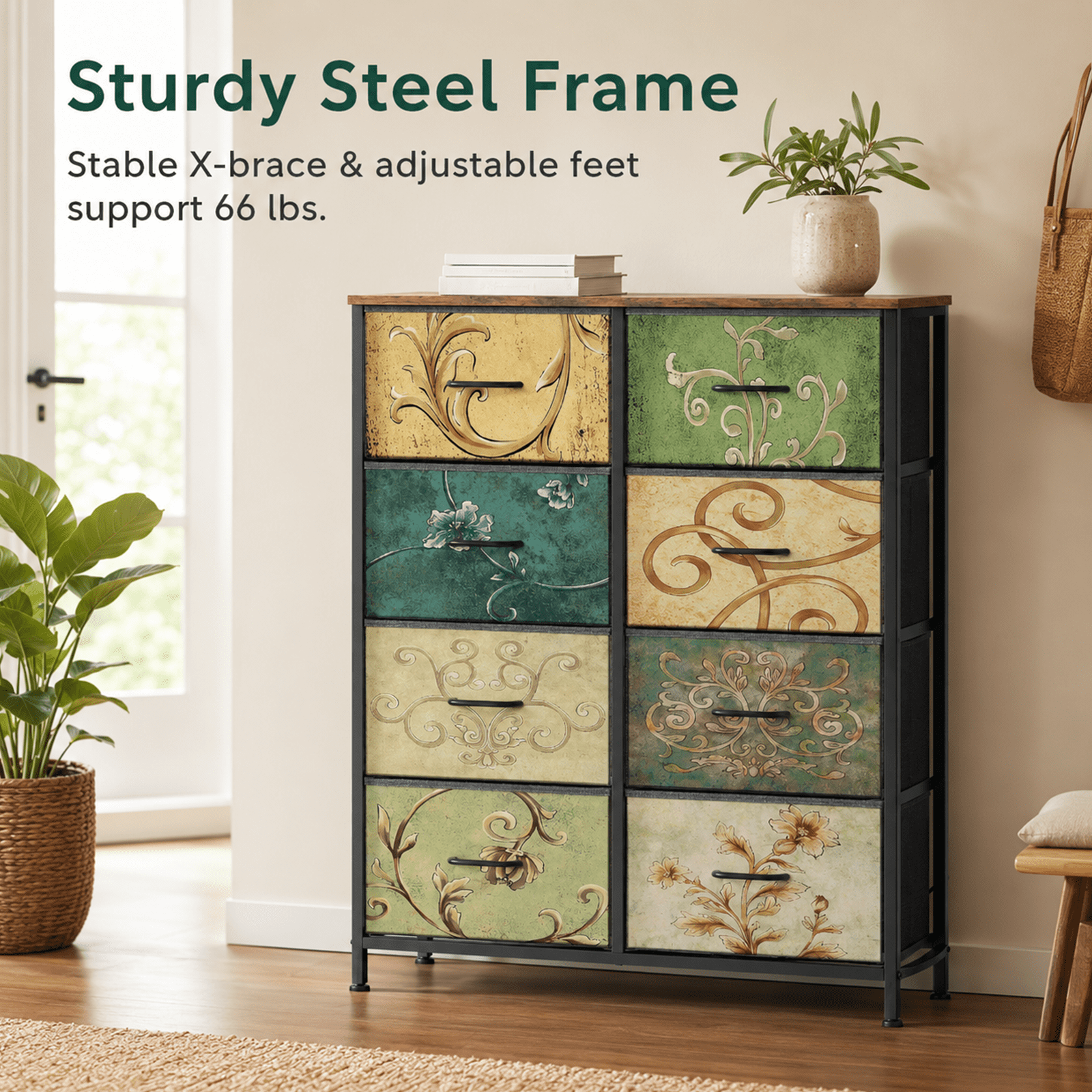 Alvantor 4/5/7/8/9-Drawer Dresser, Fabric Storage Tower for Bedroom, Hallway, Entryway, Closet, Tall Chest Organizer Unit with Fabric Bins, Steel Frame, Wood Top, Easy Pull Handle, Floral Painted