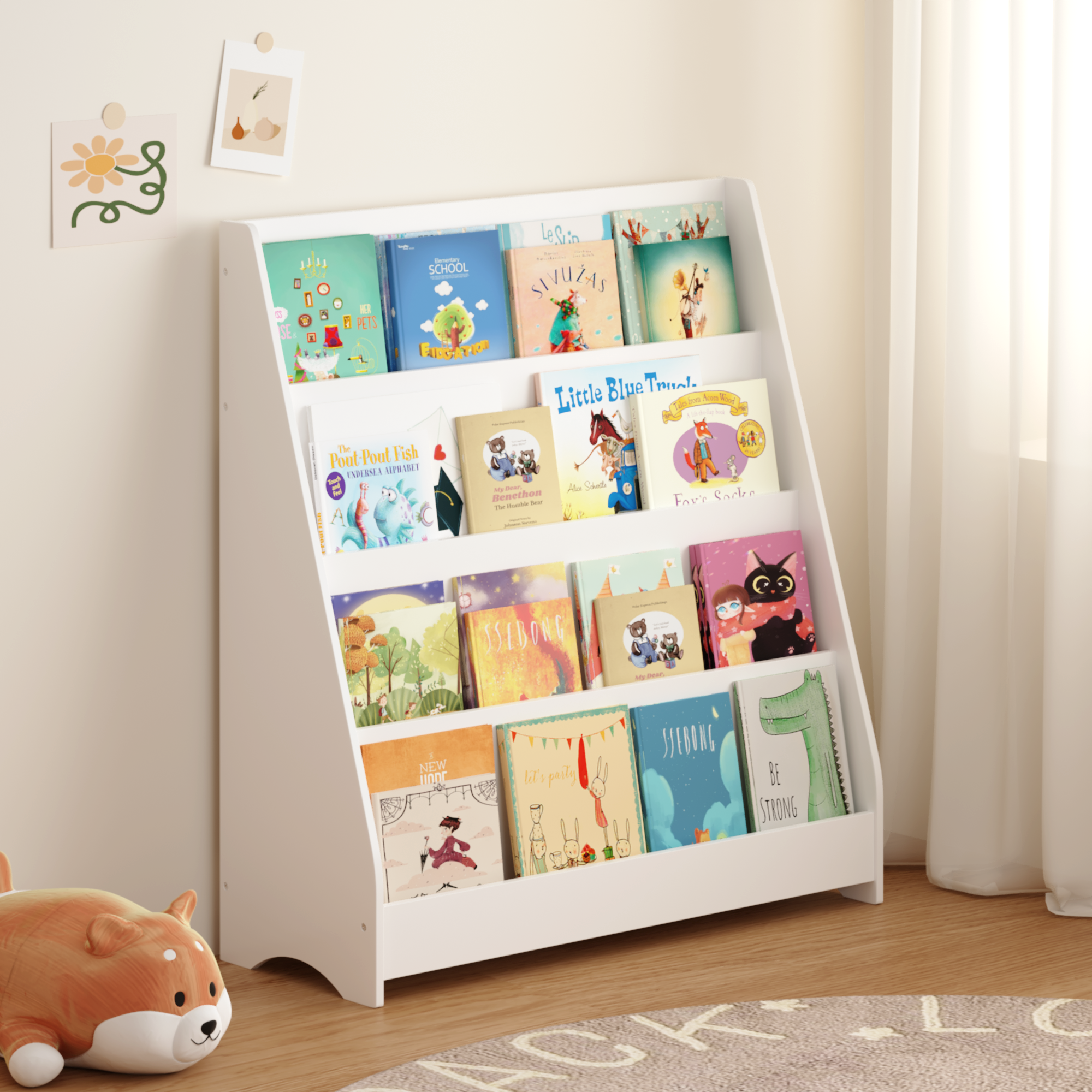 Kids Furniture 4-Tier Kids Bookshelf, Toddler Book Display Shelves, Helps Keep Bedrooms, Playrooms, and Classrooms Organized,White,Baby Nursery Furniture