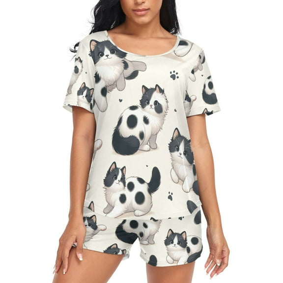 joogoo Women's Pajama Set Cute Cat Footprint Short Sleepwear Loungewear with Pockets M