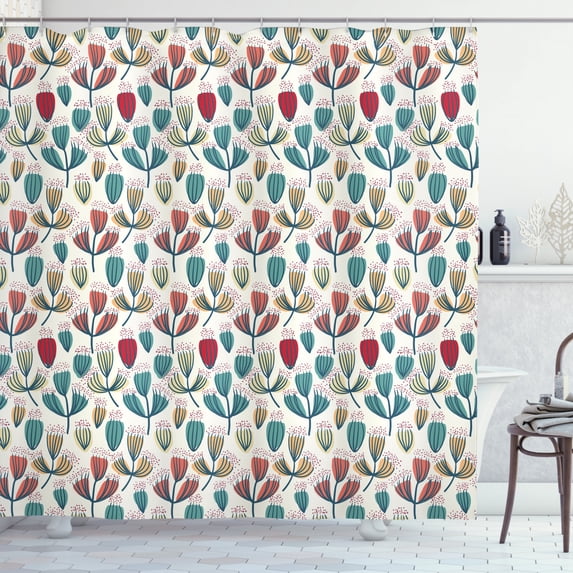 Garden Art Shower Curtain, Colorful Sketch Style Petals Ornamental Summer Garden Vintage Abstract Pattern, Fabric Bathroom Set with Hooks, 69W X 75L Inches Long, Multicolor, by Ambesonne