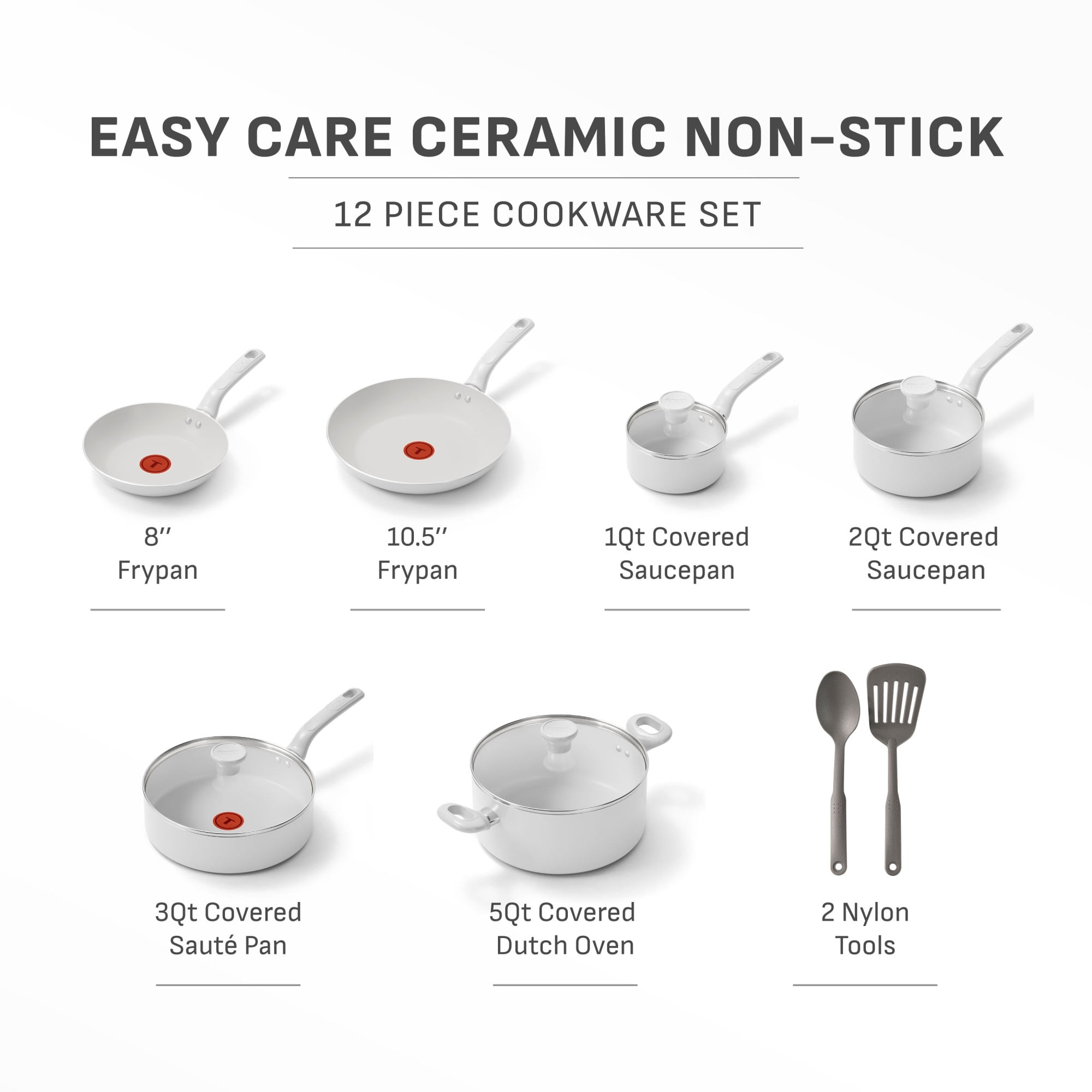 T-fal Easy Care 12 Piece Ceramic Nonstick Cookware Set, Pots and Pans, Moon Grey