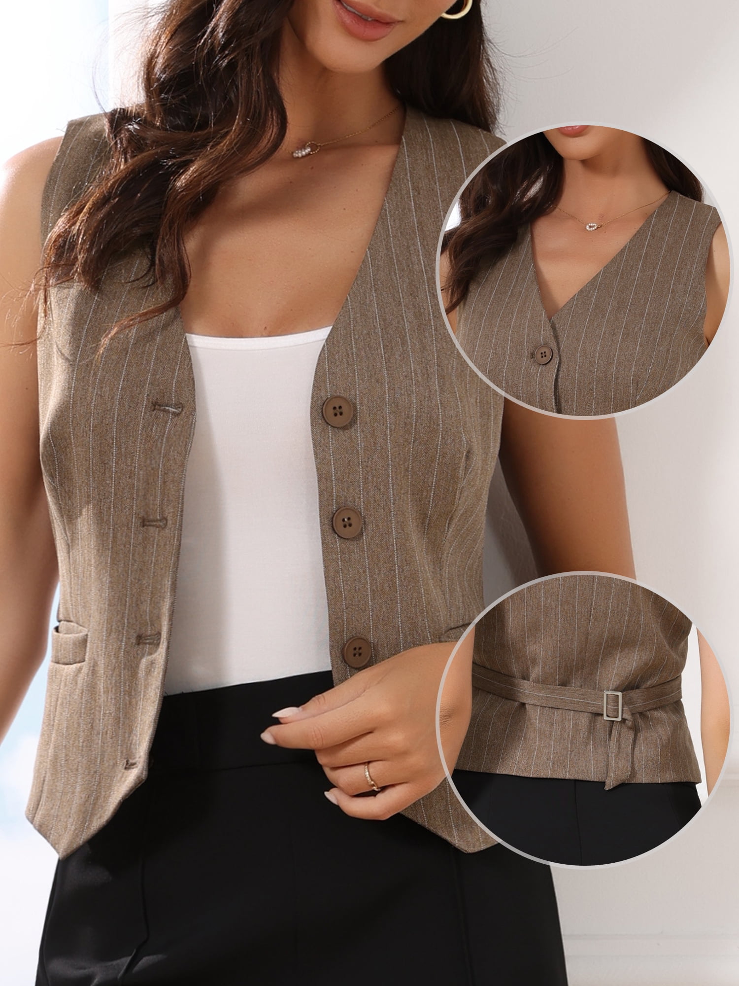 DARING DIVA Women's V Neck Sleeveless Button Down Striped Trendy Waistcoat XL Coffee