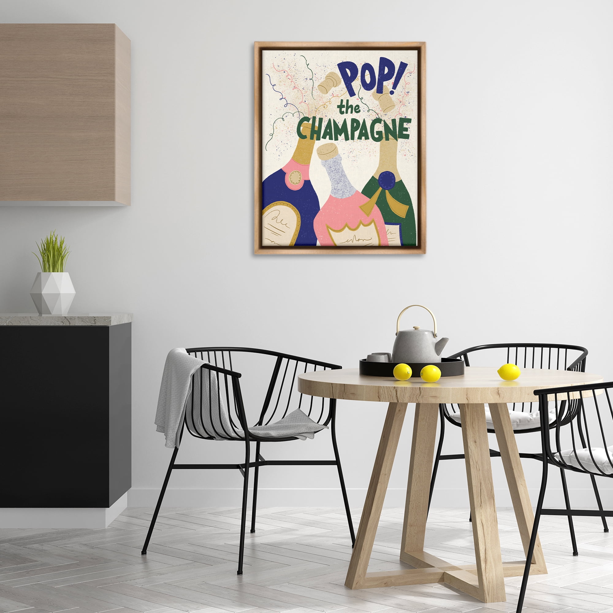 Stupell Industries Pop The Champagne Celebrate Food & Beverage Painting Brown Floater Framed Canvas Art Print Wall Art, 25 x 31