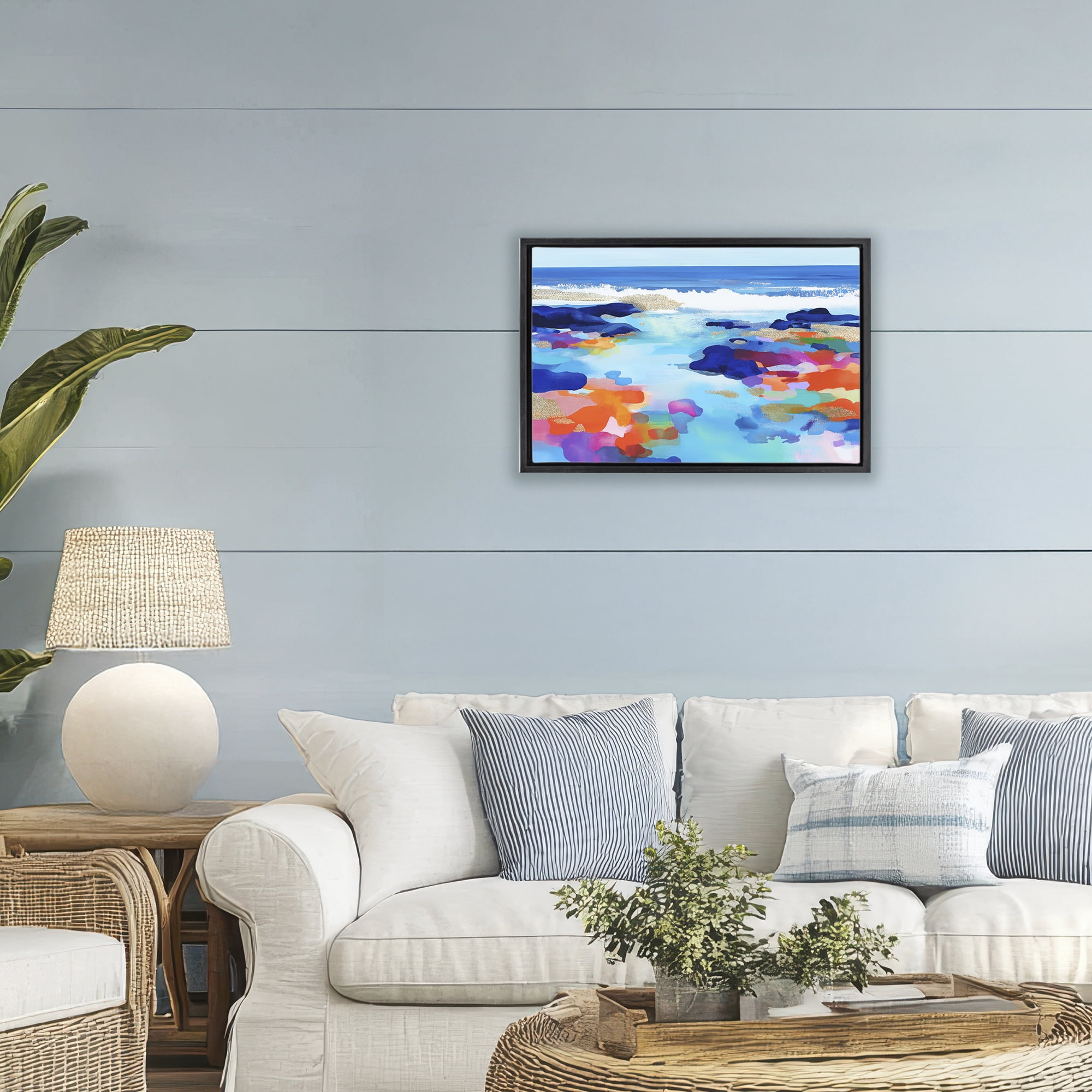 Stupell Industries Coastal Pools Overlay Abstraction Black Framed Floater Canvas Wall Art, design by Chromatic Storm Studio