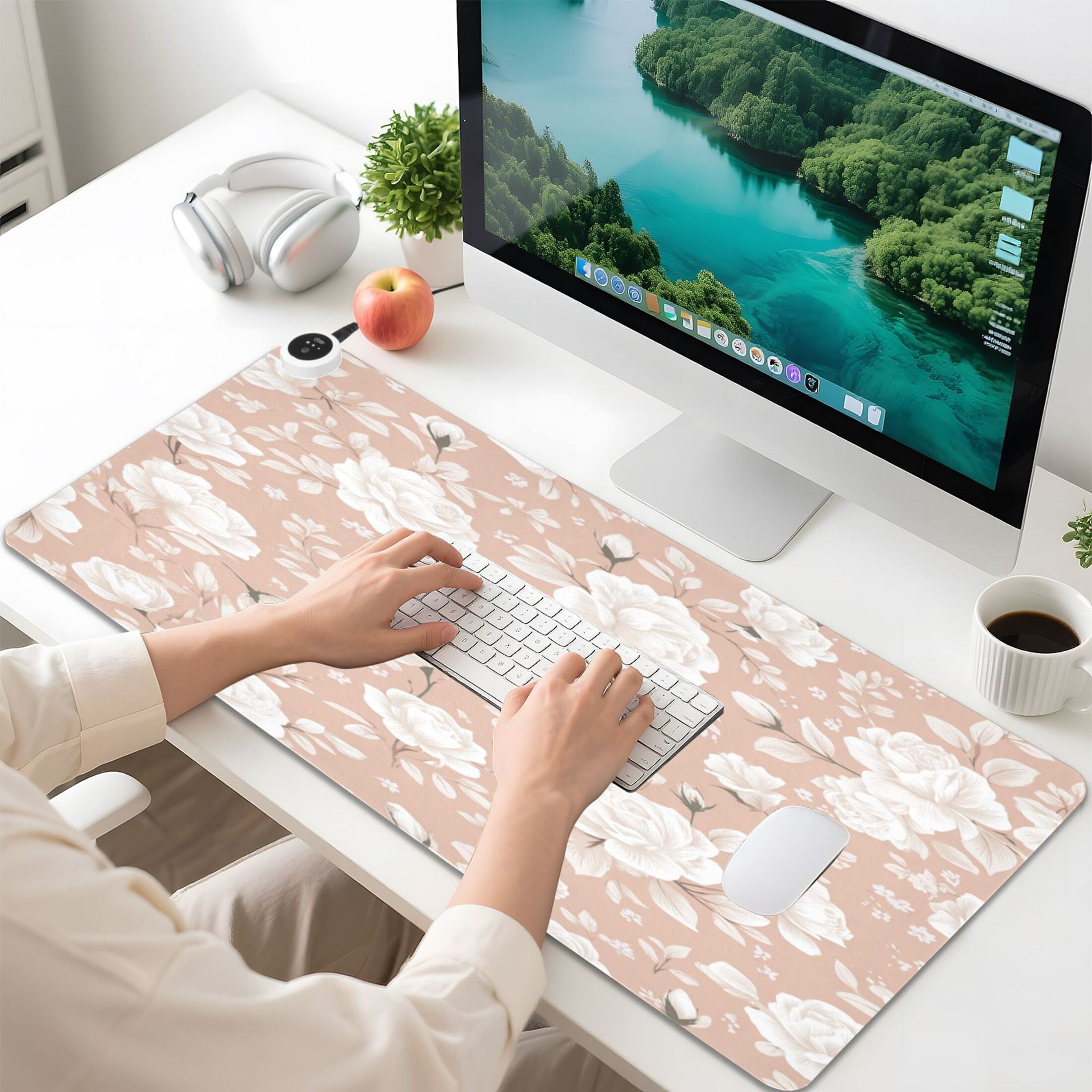Large Heated Desk Mat Mouse Pad 31.5"x13"PU Leather Graphene Heating Desk Warmer with 3 Temperature Settings 110V US Plug Non-Slip Warm Pad for Home, Office, and Gaming Vintage Taupe Rose Print