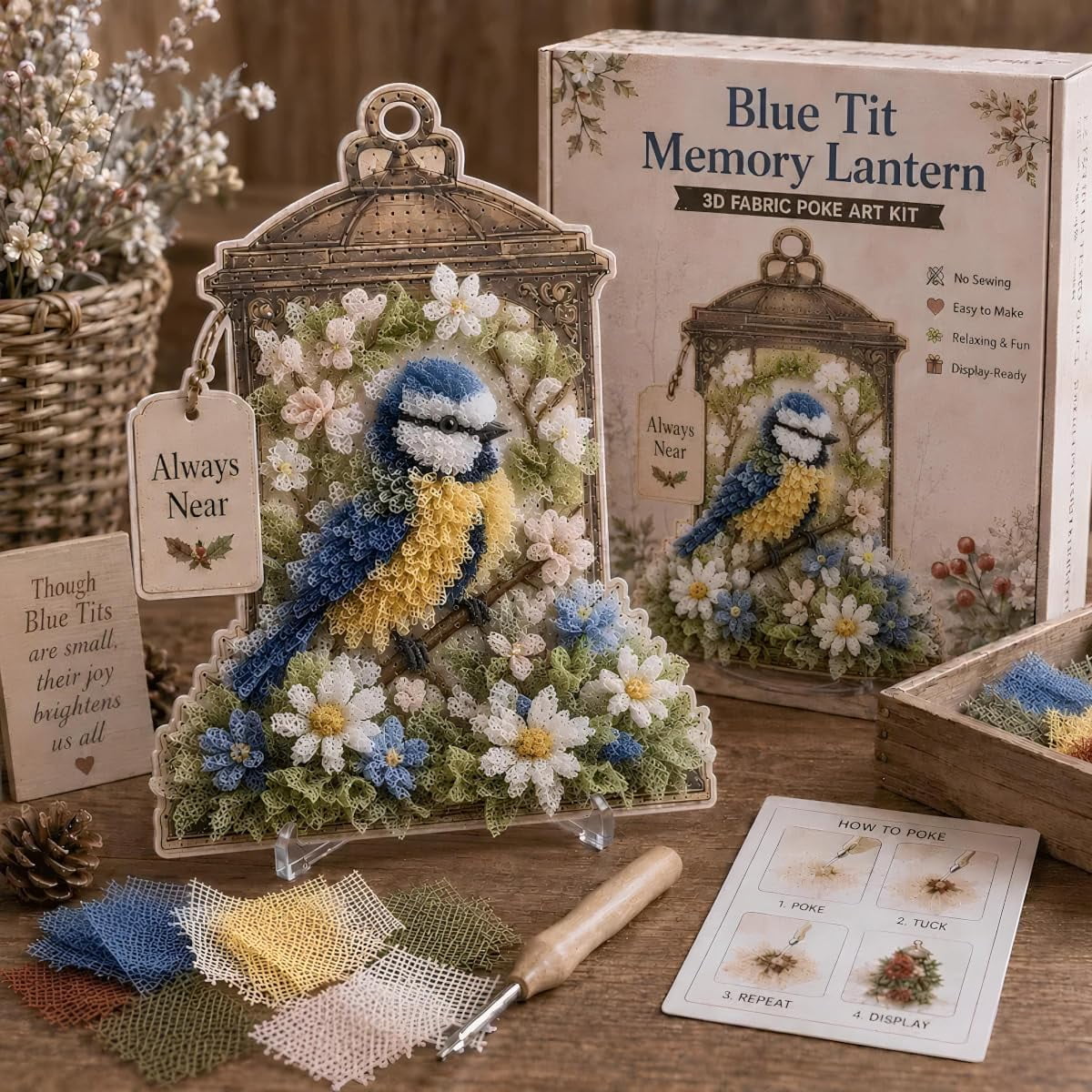 Fabric Poke Art Memory Lantern DIY Kit 3D Bird and Flower Craft for Adults No-Sew Beginner Hobby Kit for Home Decor Vintage Cottage Style Gift