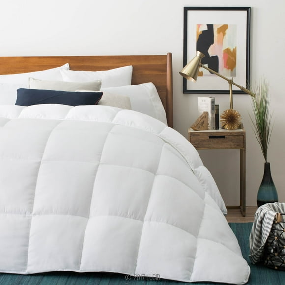 LUCID Alternative Comforter-Hypoallergenic-All Season-400 GSM-Ultra Soft and Cozy-8 Duvet Loops-Box Stitched-3 Year Warranty-Machine Washable-Queen-White, Queen