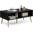 thumbnail image 3 of Coffee Table with Storage, Boho Dining Table with Rattan Drawer and Solid Wood Legs, Small Coffee Tables for Living Room, Black, 3 of 14