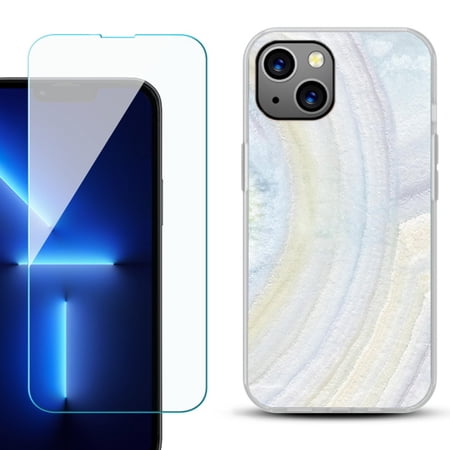 Slim-Fit Gel TPU Phone Case for iPhone 14 with Tempered Glass Screen Protector by OneToughShield ® - Marble / Rainbow