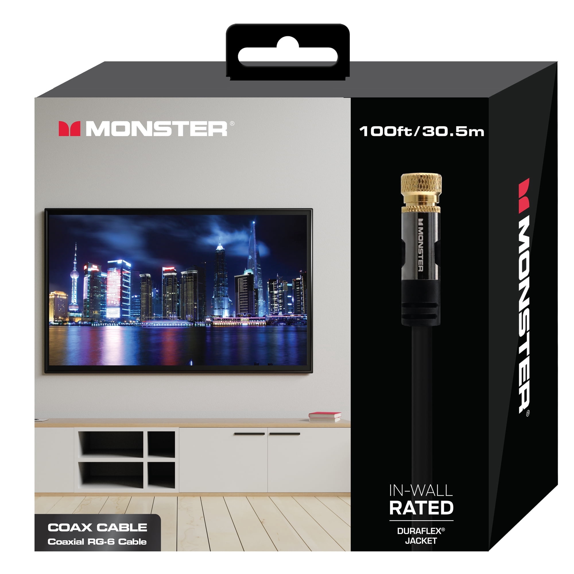 Monster 100' Quad Premium Coax Cable, RG-6 F-Pin Connector, Gold-Plated Terminals, Duraflex Jacket, UL CL2 Rated for In-Wall & Outdoor Use