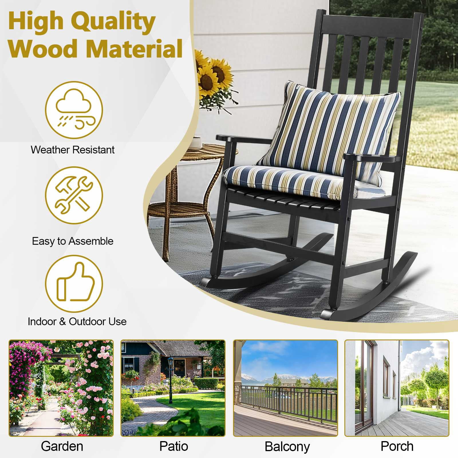 Ktaxon Wooden Rocking Chair, Wood Rocker, Patio  Chair, Wooden Rocker, Wood Chair for Outdoors and Indoors, Patio Lawn, Yard, Black