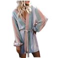 thumbnail image 1 of Chaqueta cortavientos retro con rayas verticales de colores y cinturón suelto estampado para mujer, 1 of 5