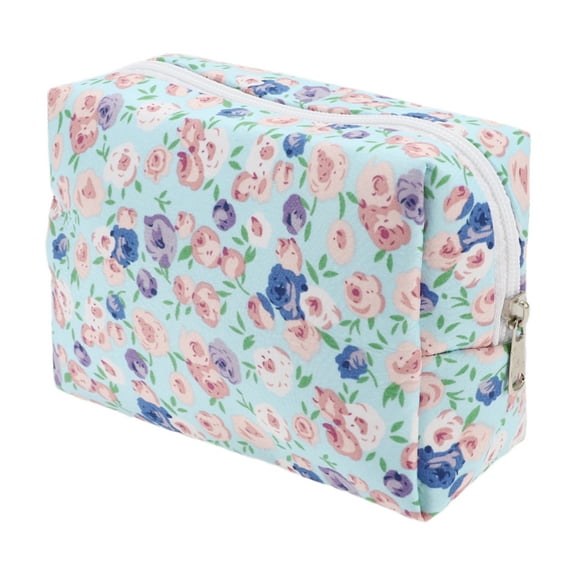 Unique Bargains 1 Pc Women Rose Octagonal Travel Cosmetic Bag for Vacation Business Travel Blue Polyester