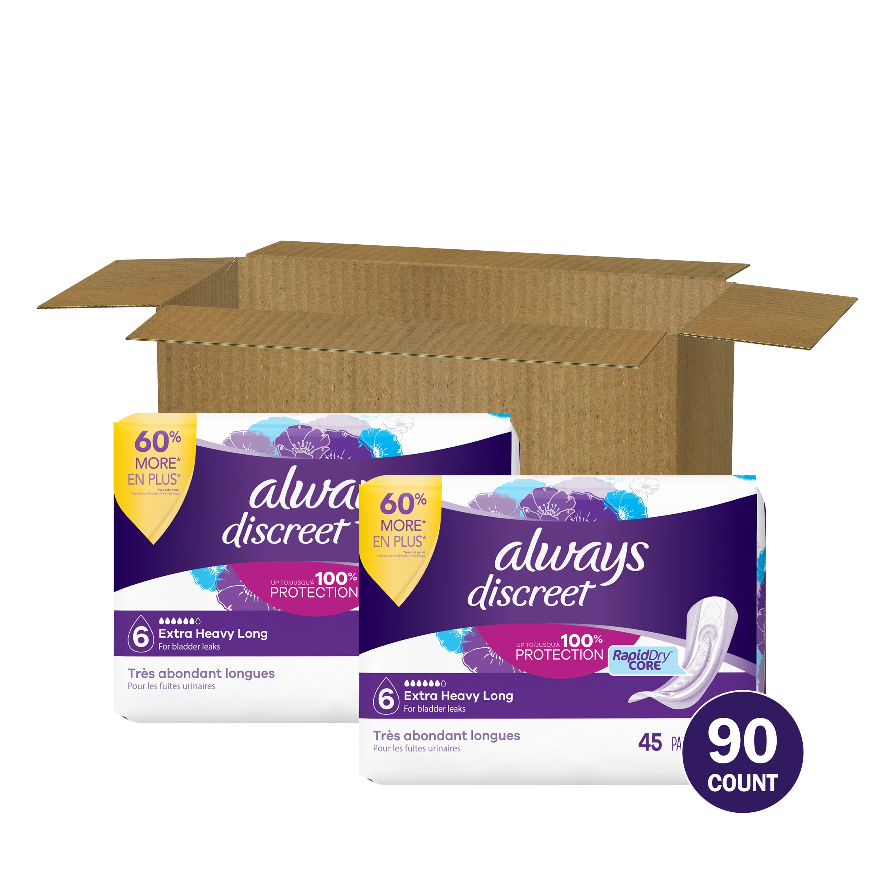 Always Discreet Extra Heavy Long Incontinence Pads, 28 Count