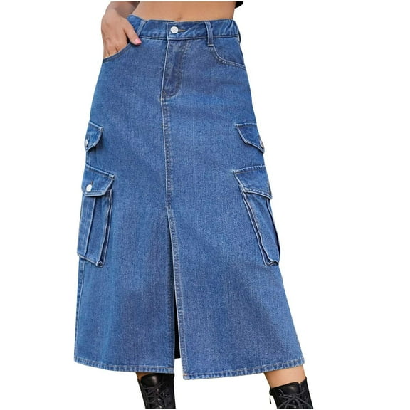 Tumotour Denim Skirt For Women Button Down Cargo High Waist Long Skirt Knee Length Denim Skirts With Pockets