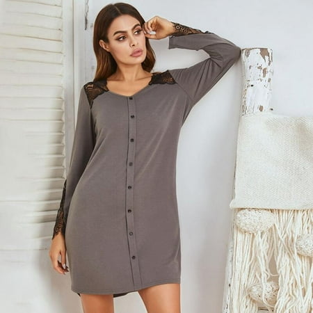 

Women Casual Nightdress New Arrive Ladies Lace Stitching Solid Color Plus Size Pajamas Nightgown Women Home Colthing