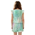 thumbnail image 2 of ZIATUBLES Girls Summer Casual Romper Button Round Neck Playsuit Outfit for Girl Kids 11-12 Y, Ruffle Sleeve Elastic Waist Design One-Piece Short Jumpsuit, Green Abstract Bubble Print, 2 of 6