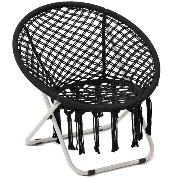 LOGYAT Boho Moon Saucer Chair, Foldable Round Circle Chair for Bedroom & Living Room, Comfortable Seat for Adults & Teens, Boho Decor, Black