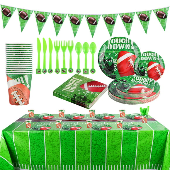 FiGoal Football Theme Party Supplies and Party Decorations for 16 Guests  Include Banner, Tablecover, Plates, Napkins, Cups, Flatware Set, Touch Town Tableware Accessory Decorations