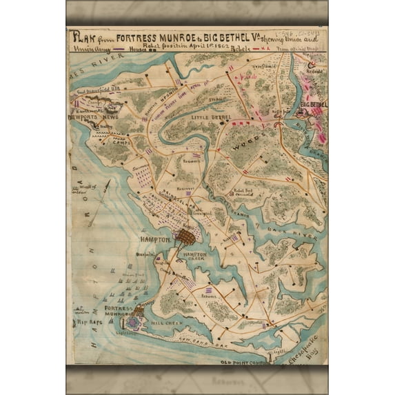 24"x36" Gallery Poster, map Fortress Monroe to Big Bethel Virginia 1862
