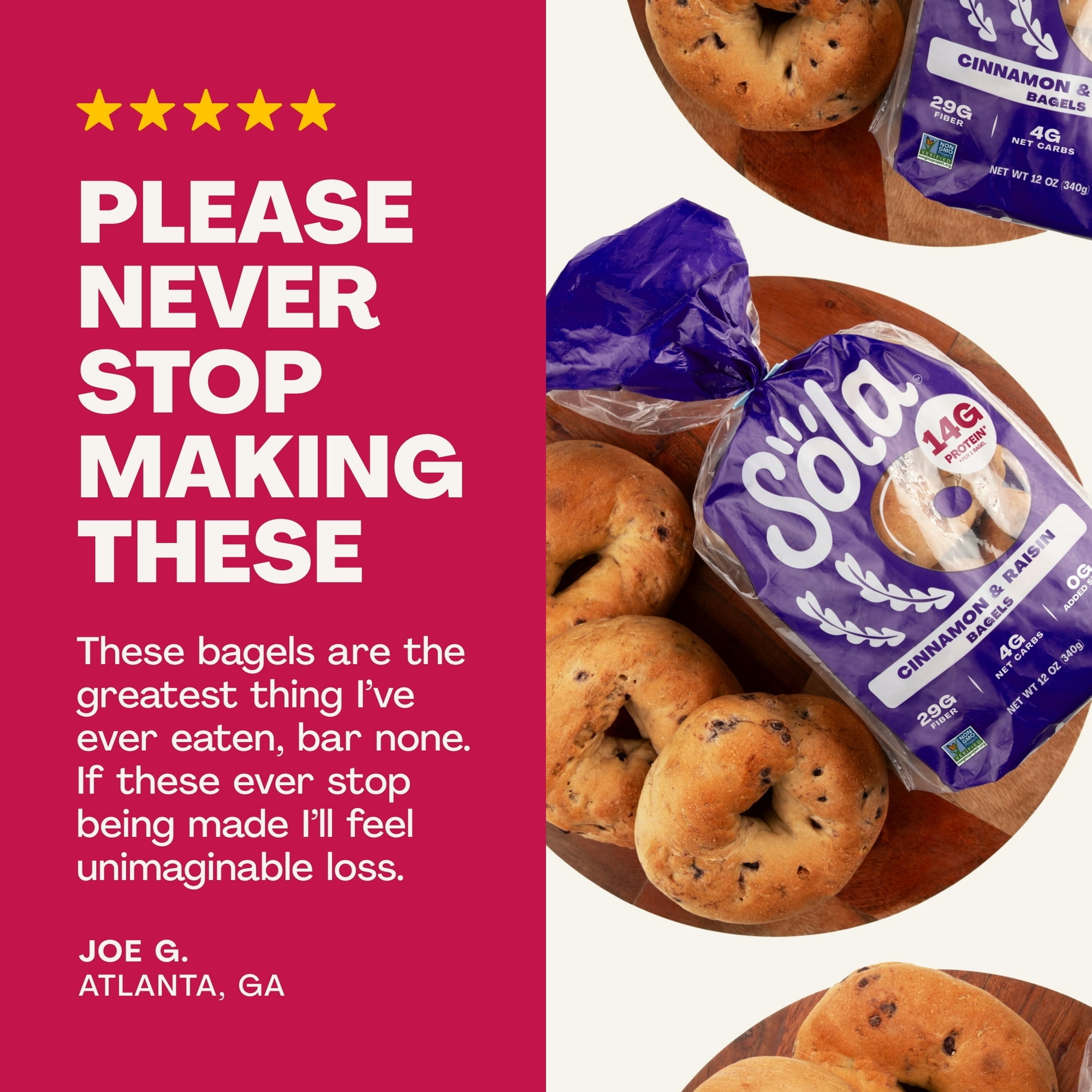 Sola Bread Cinnamon & Raisin Soft Bagels,  Sola Bread Blu-Berry Bagels, Non-GMO, 12 oz, 4 Count