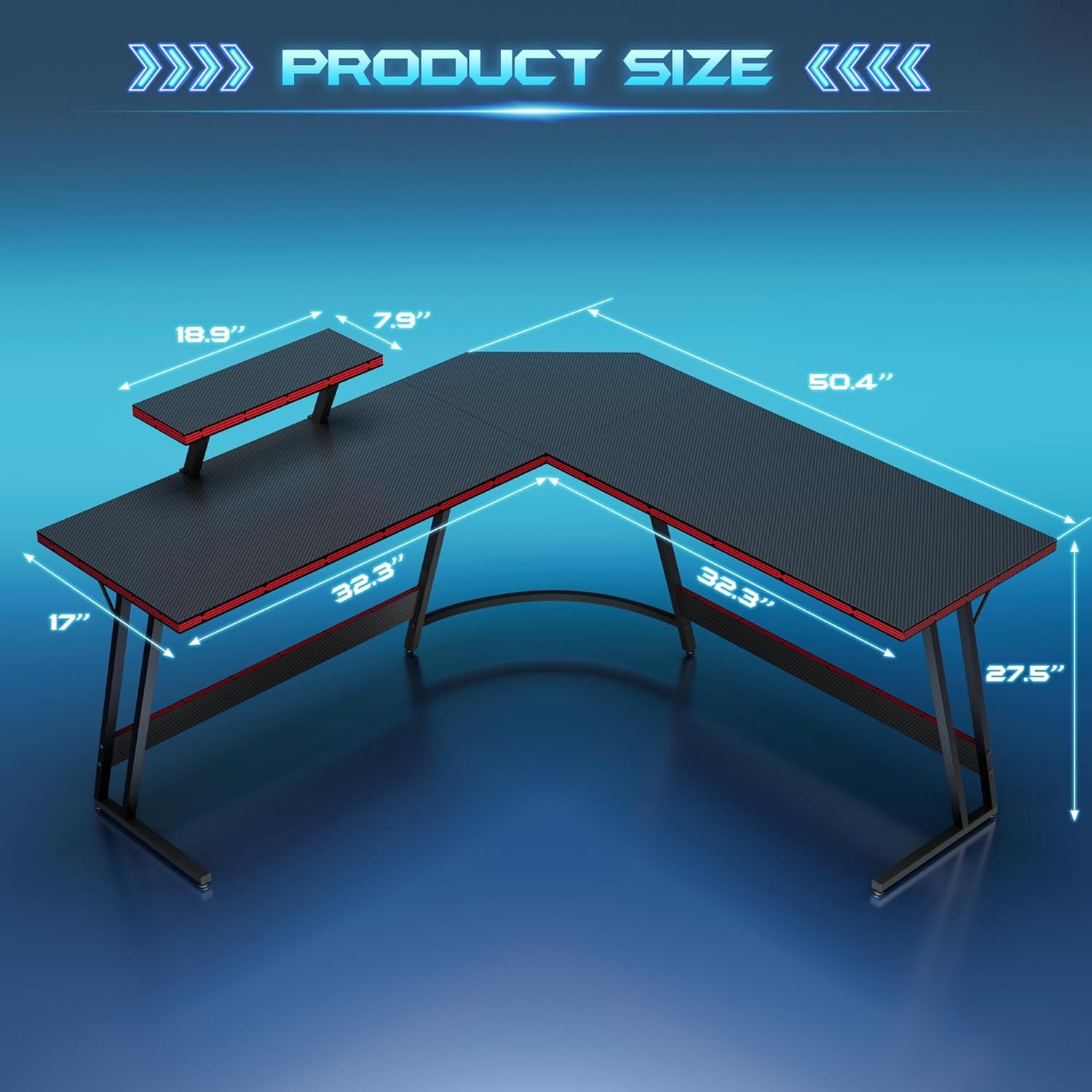 MorandiMal L Shaped Gaming Desk Computer Corner Desk PC Gaming Desk Table with Large Monitor Riser Stand for Home Office Sturdy Writing Workstation (Black, 51 Inch)