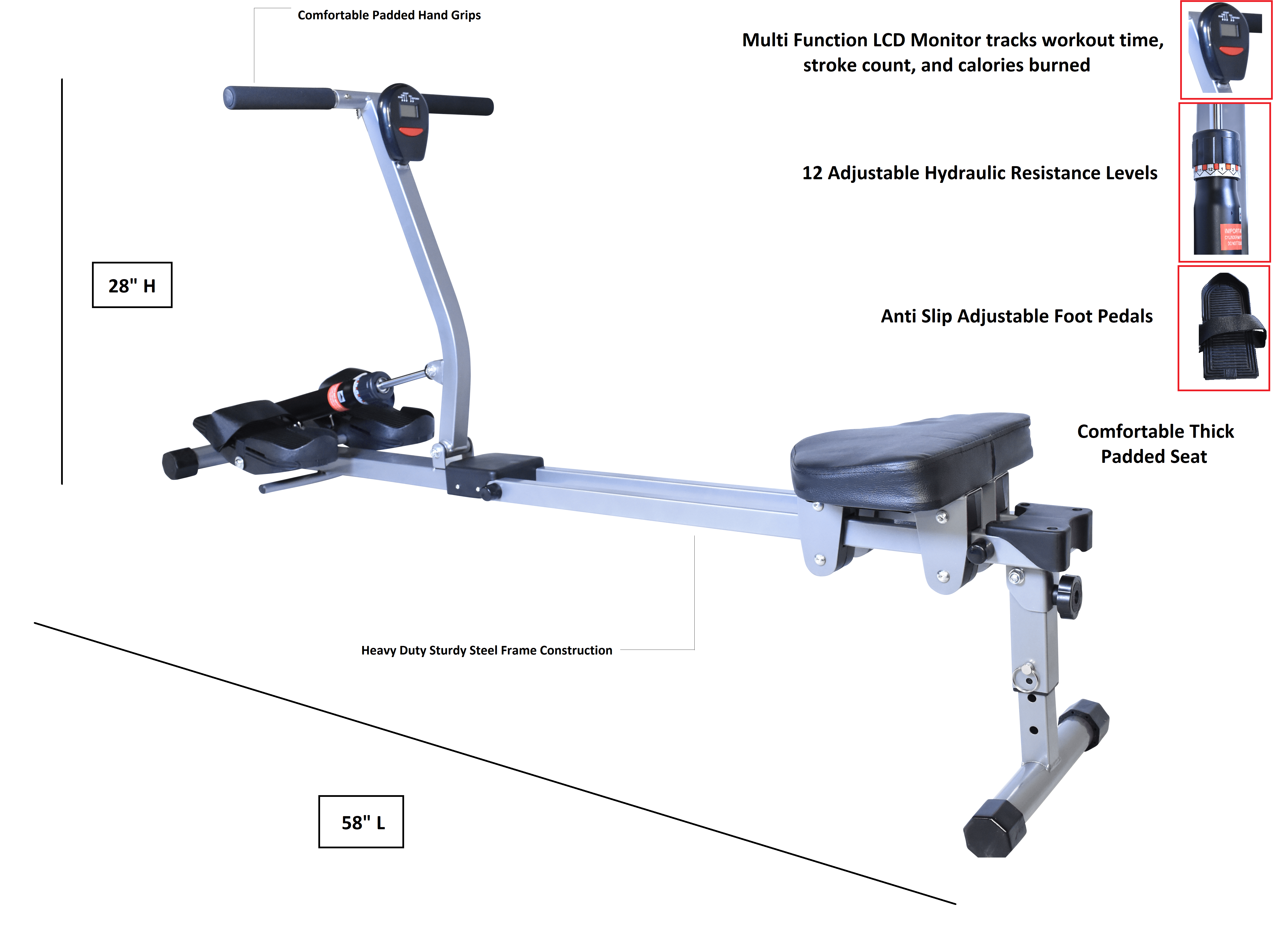 Iron Bar Fitness Rowing Machine Rower Exercise Foldable Edition, for Home Cardio Workouts with 12 Adjustable Resistance Hydraulic System, Includes Digital Monitor and Comfortable Seat Cushion
