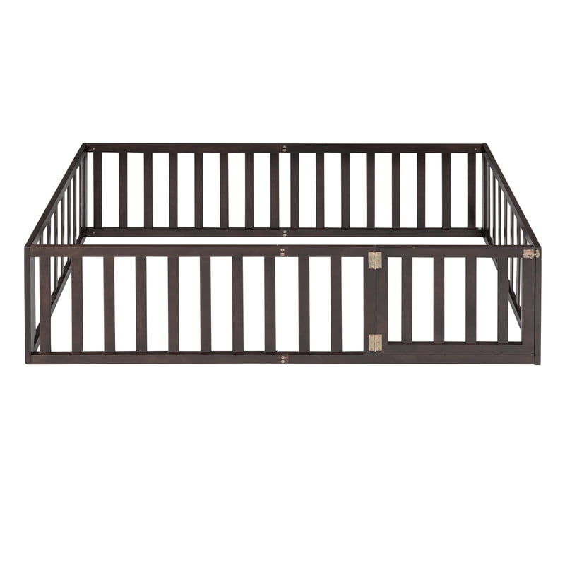 Twin Size Floor Bed Platform Bed with Fence and Door, Wood Montessori Bed Toddler Bed Playhouse Bed for Boys Girls, No Slats