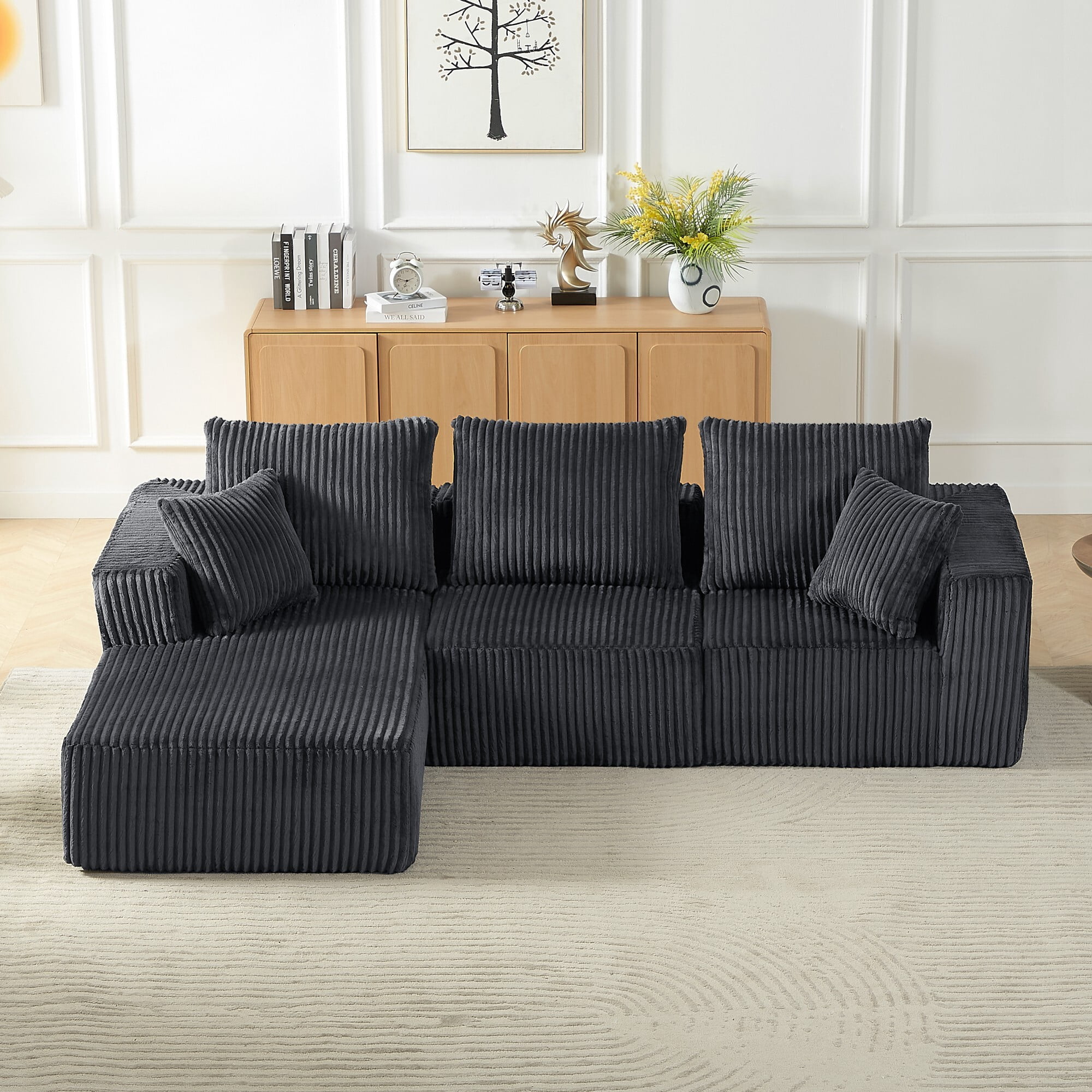DEALTOPS L-Shaped Corduroy Sectional Sofa, 4-Seater Convertible Couch with Chaise, No Assembly, Dark Gray