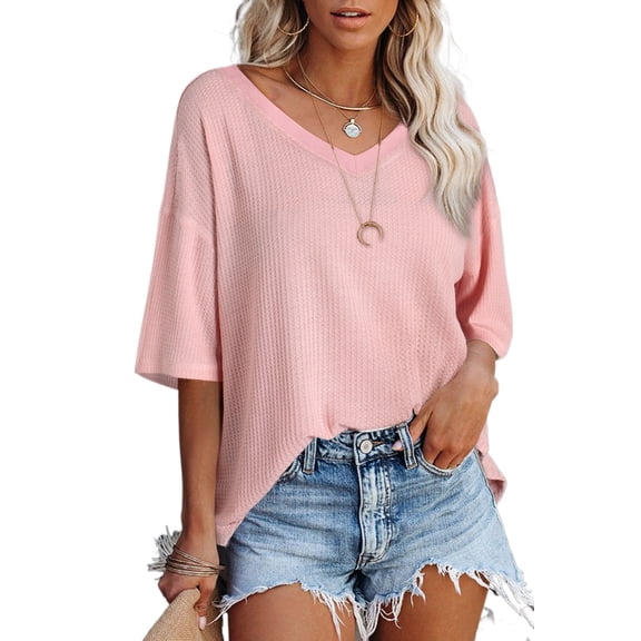 Light Pink Waffle Texture Ribbed V Neck Drop Shoulder Loose Tee for Women | [ZhiHiMeRi] | 2XL