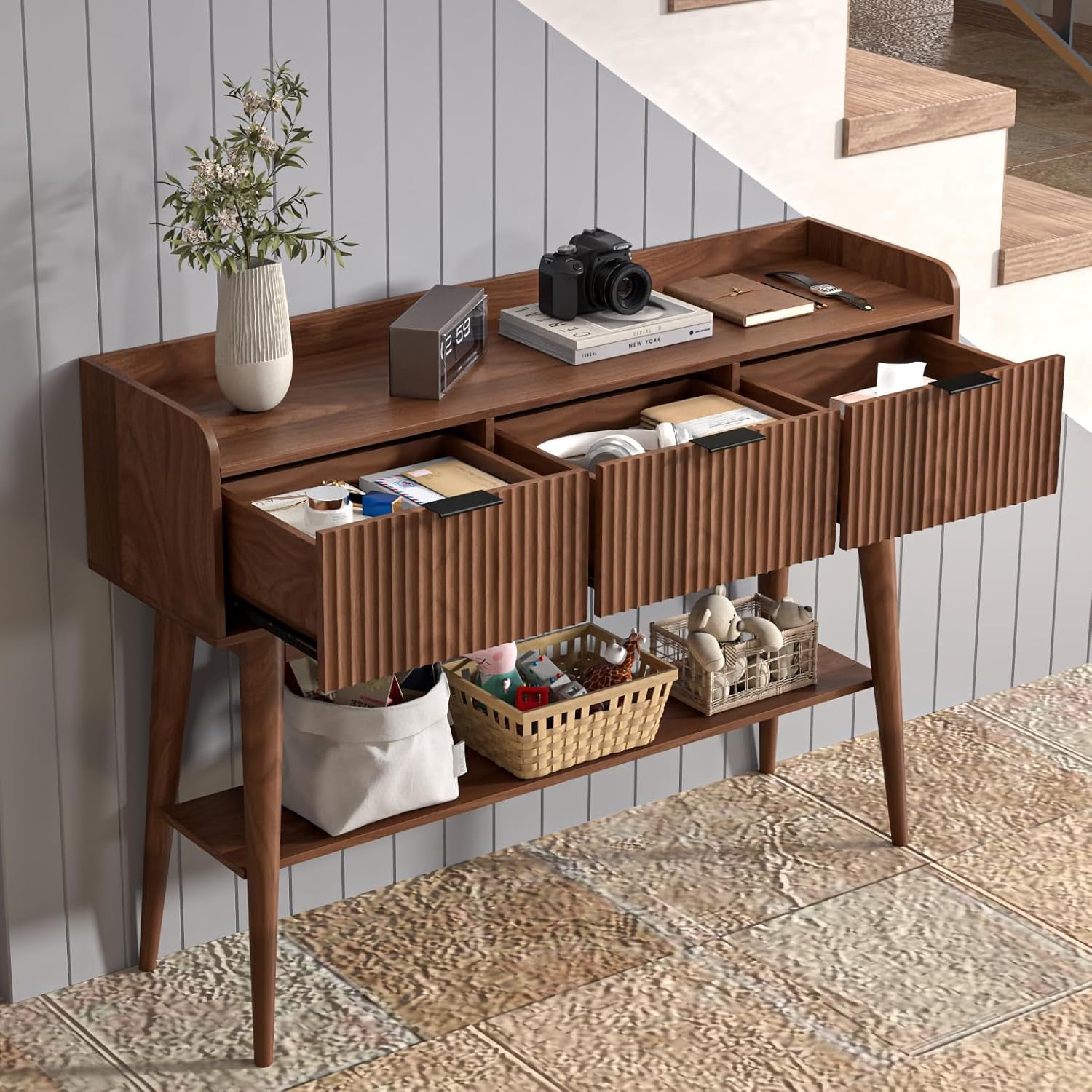 Console Table with Drawers, Narrow Entryway Table with Storage Shelves, Accent Sofa Table for Living Room, Hallway, Walnut