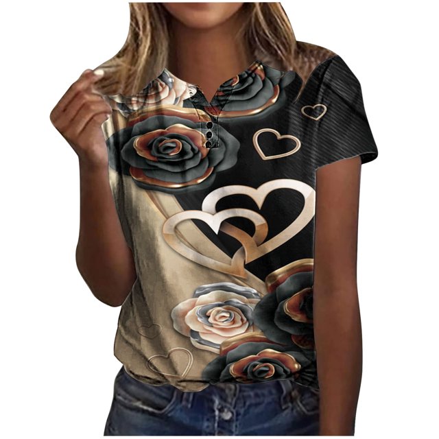 CEHVOM Femmes Mode Décontractée Chemises Imprimées Manches Courtes T-Shirt Ample Hauts Blouse à Col en V Liquidation