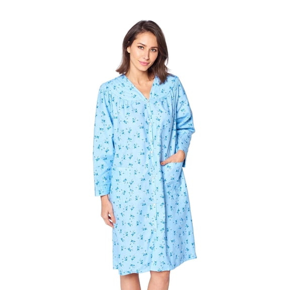 Casual Nights - Housecoats For Women, Snap Front Dusters For Women, Pure Cotton House Dresses For Elderly & Young with 2 Pockets, Blue Floral 3X