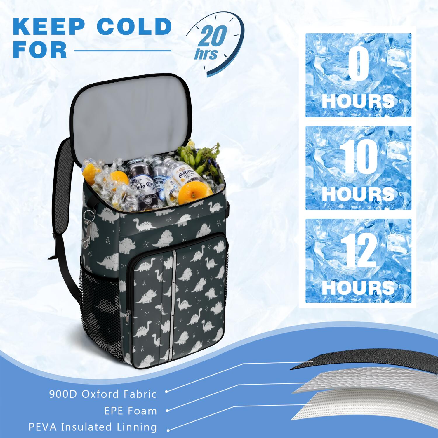 Travel Cooler Bag - Black Dinosaurs Silhouette Pattern Camping Beer Cooler Backpack with Bottle Opener- Waterproof Insulated Picnic Backpacks - Cooler Bag for Beach