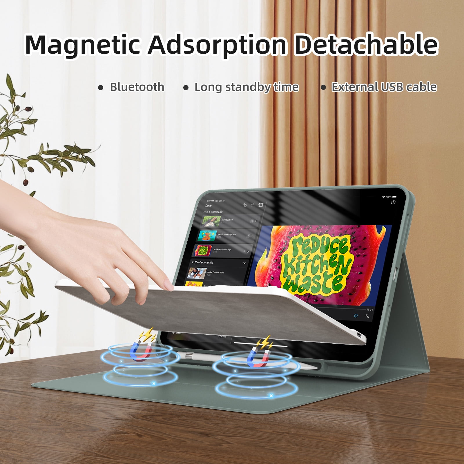 GKABXY Magnetic Keyboard Case for iPad A16 11th /10th Generation 2025/2022 with Pencil Holder 10.9/11 Inch, Magnetic Detachable Wireless Bluetooth Multi-Angle Stand Rechargeable Keyboard Case, Green