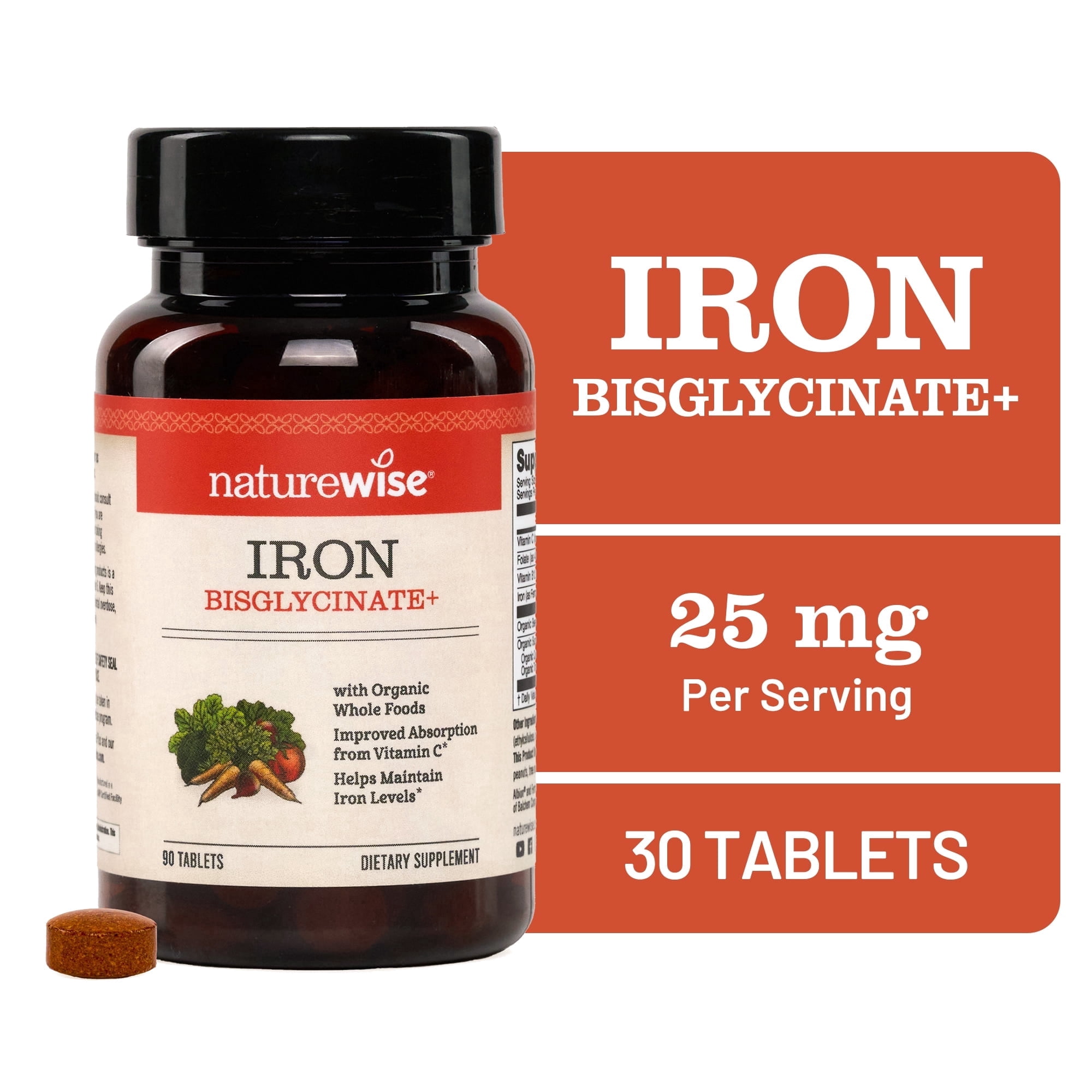 NatureWise Vegan Iron Supplement + Vitamin C, B12, Folate - 90 Tablets[90-Day Supply]