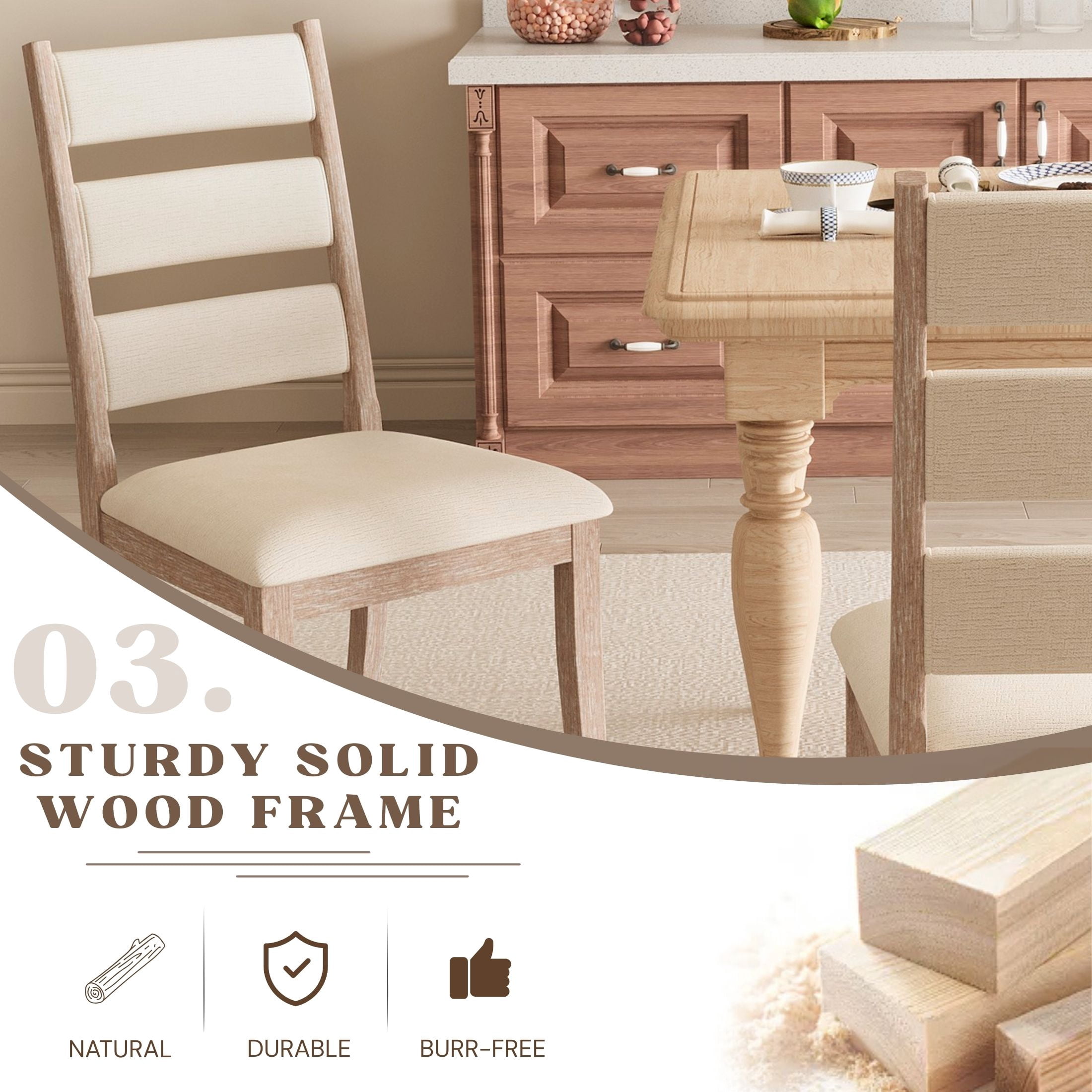 Dayalane Farmhouse Dining Chair Set of 4, Ladder High Back Kitchen Chairs with Upholstered Cushioned Seat for Dining Room, Kitchen Side Chairs Living Room, Restaurant, Beige