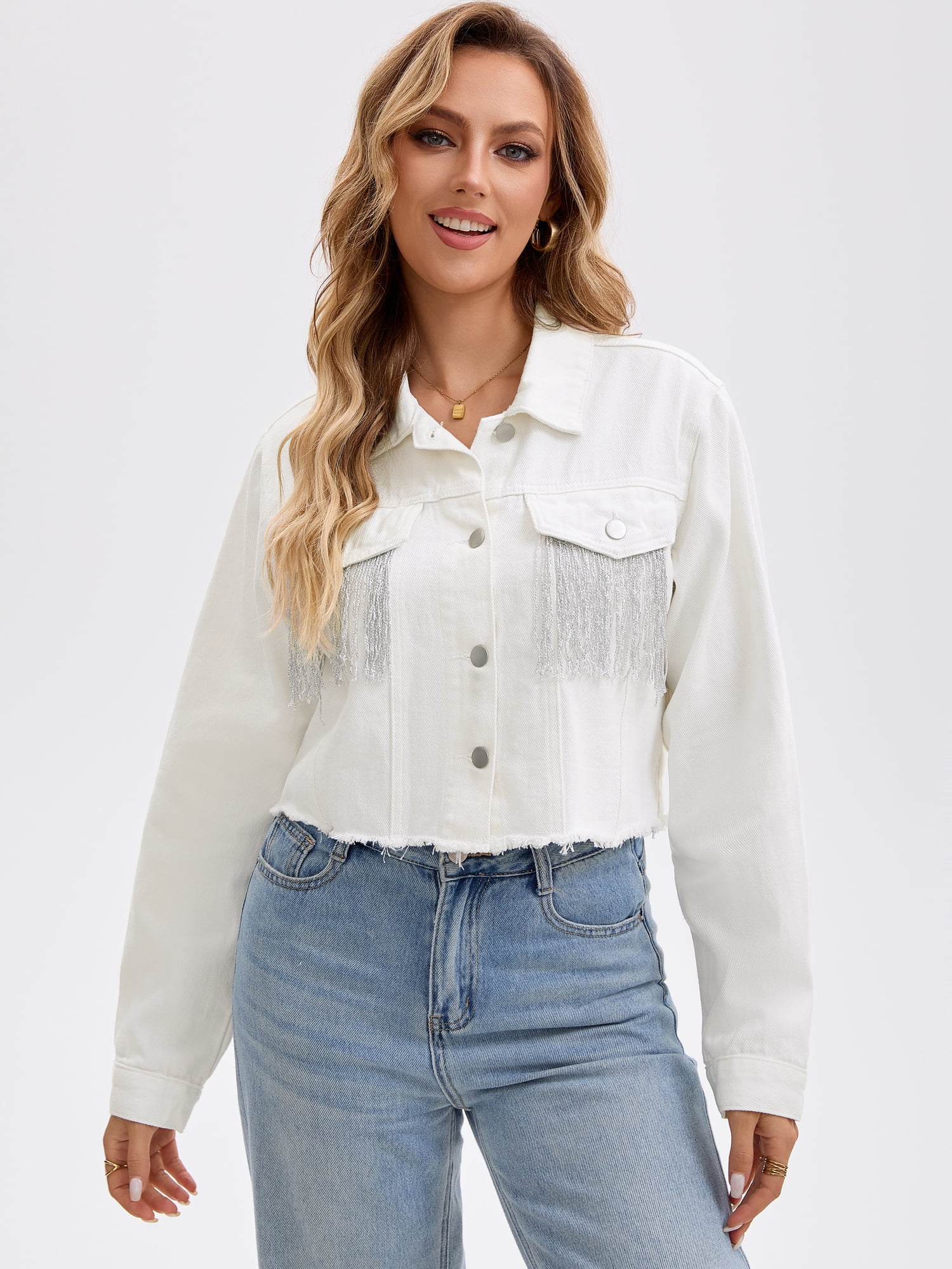 DARING DIVA Women's Cropped Jean Long Sleeve Frayed Tassel Fringe Denim Jacket L White