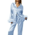 thumbnail image 2 of Womens Feather Trim Silk Satin Pajama Button Down Long Sleeve and Pants Set Sleepwear Loungewear, 2 of 6