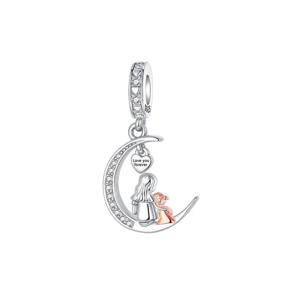 ARVALILS Mother & Daughter on Moon Dangle Charm - 925 Sterling Silver Pendant with Cubic Zirconia & "Love You Forever" Engraving, Compatible with Bracelets & Necklaces, Family Gift for Women