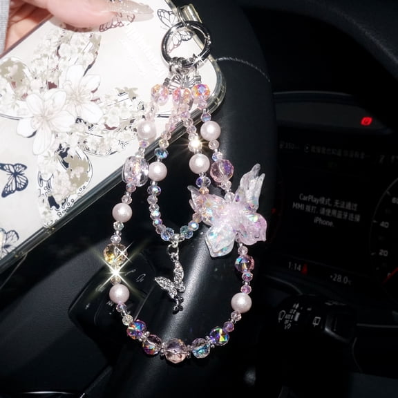 Dteck Beaded Phone Wrist Strap, Cellphone Lanyard Chain, Sparkling Wristlet Bracelet for Women Girls,Pink (Luminous Butterfly)